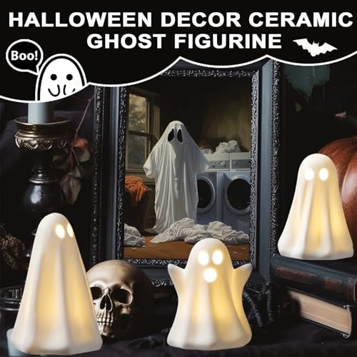 Halloween Ghost Decor Set - Light Up Ceramic Ghosts with Timer - Indoor Halloween Decorations - Variation of THIS listing