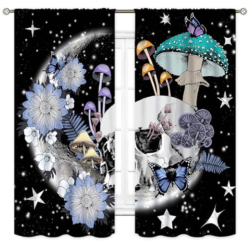 Skull Gothic Halloween Curtain Set - 21W x 45L Inch Dark Floral Moon Skeleton Witchy Blackout Drapes - Pack of 2, Skull-03