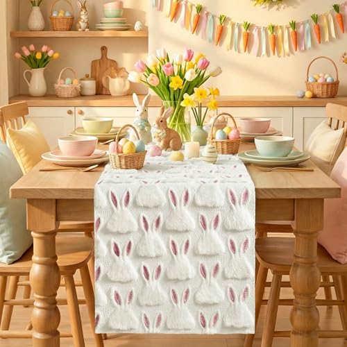 White Soft Plush Faux Fur Jacquard Easter Table Runner 13x36 Inch - Spring Holiday Home Decor
