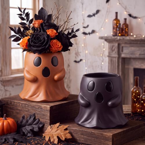 Halloween Ghost Buckets - Terracotta & Black Decor, 6 Inch, Set of 2