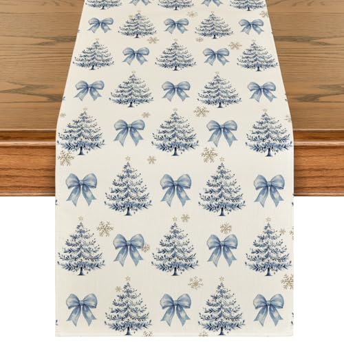 Christmas Table Runner 13x108 Inch Snowflakes Bowknot Seasonal Decor for Home & Kitchen