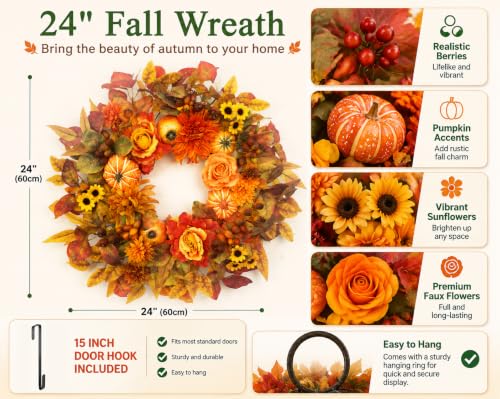 24 Inch Fall Front Door Wreath with Pumpkins & Dahlias - Autumn Decor