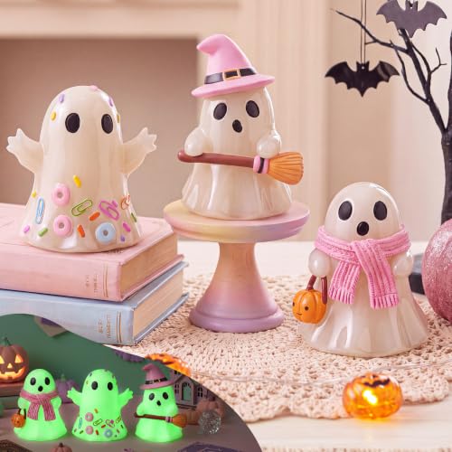 Pastel Halloween Ghost Figurines Set - Glow in the Dark Resin Decor - 3 Pieces