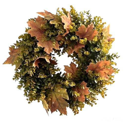 Fall Wreath for Front Door - Artificial Autumn Maple Leaf & Boxwood Decor - Yellow Variation