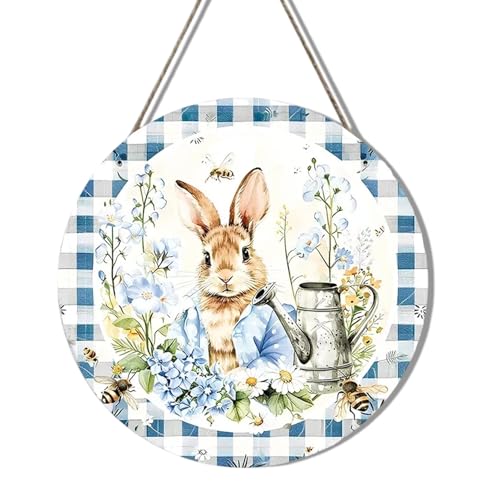 Easter Wreath Funny Rabbit Porch Wreaths - Blue White Grid Design 12 Inch - Easter Style 36