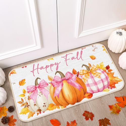Pink Bow Pumpkin Kitchen Mats Set - Non Slip Fall Decor, 2 Sizes