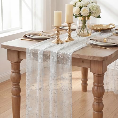 28x120 Inch White Silver Gauze Table Runner - Sheer Glitter for Wedding & Event Decor