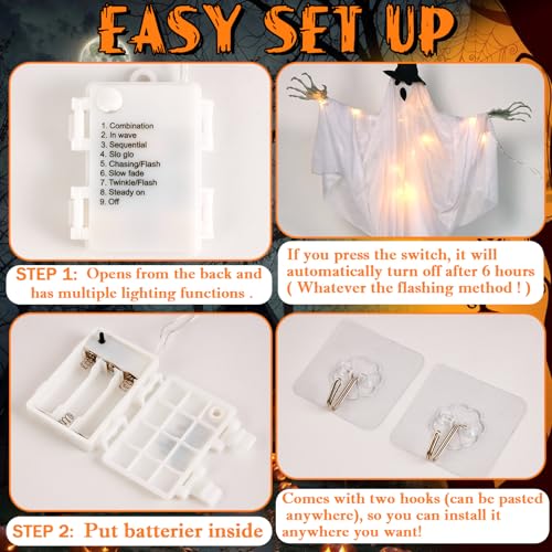 Halloween Hanging Ghost Decor - White & Black, Indoor Outdoor Spooky Ghosts with Lights - 70cm
