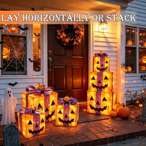 Lighted Halloween Pumpkin Decorations Gift Box 3 Pack with 8 Modes & Timer