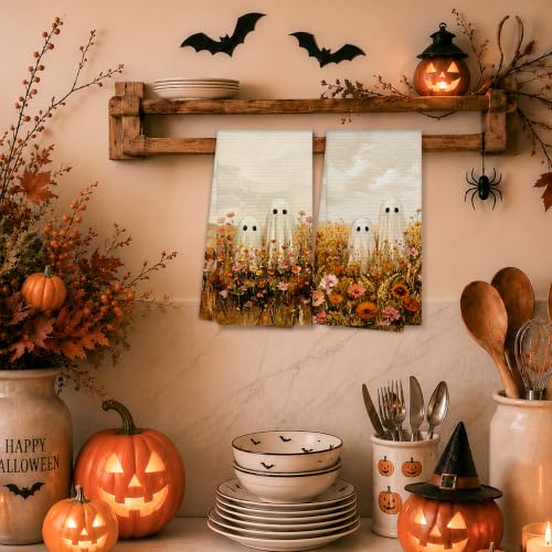 Ghost10 Halloween Ghost Floral Kitchen Towels Set of 2 - Rustic Autumn Dishcloths
