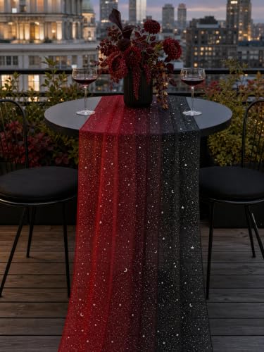 Black & Red Sequin Sheer Table Runner 120 Inch - 6pcs, Gauze Tulle Holiday & Wedding Decor