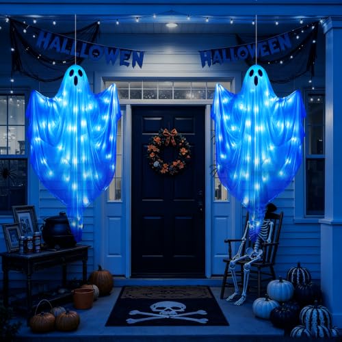 Blue 4 FT Light Up Halloween Ghost Decoration with LED Lights, Timer & 8 Modes