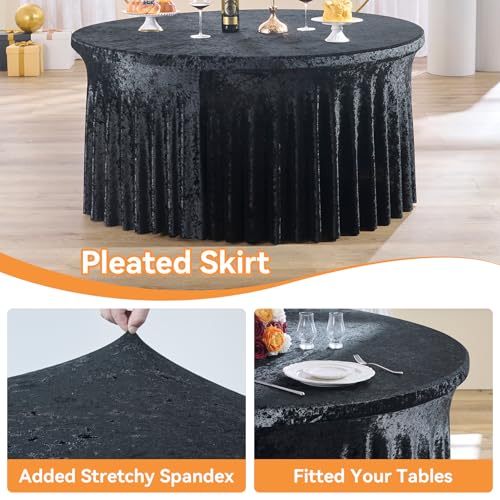 Black Velvet Round Tablecloth 60 Inch - 2 Pack Fitted Spandex Cover for Wedding & Party
