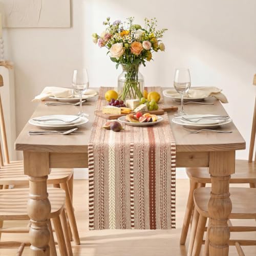 Caramel Farmhouse Stripe Braided Table Runner 12x120 Inch - Cotton & Polyester