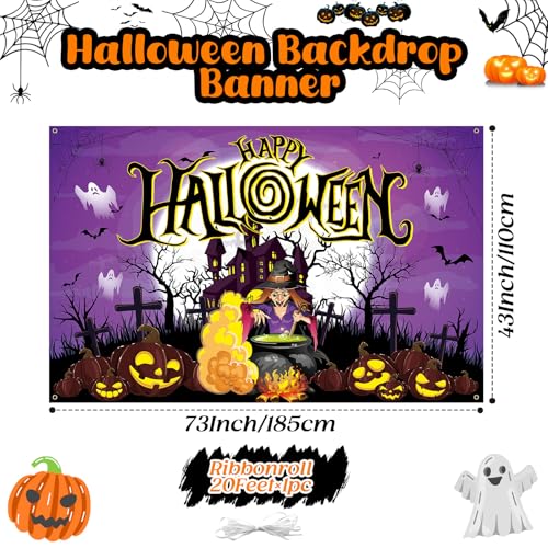 Purple Halloween Witch Banner - Large Spooky Backdrop with Potion Jars & Castle - Witch Variation