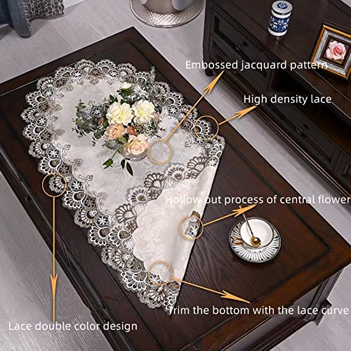 Beige Embroidered Lace Oval Tablecloth - 23.6 x 47 Inches Dust Cover
