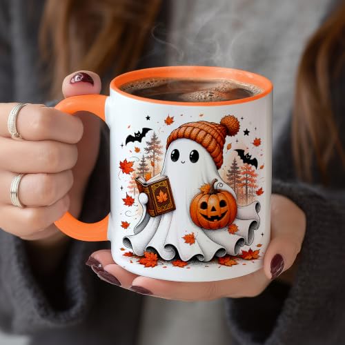 Halloween Ghost Coffee Mug with Spoon - Fall Ghost Gift for Book Lovers - Variation GhoPu26