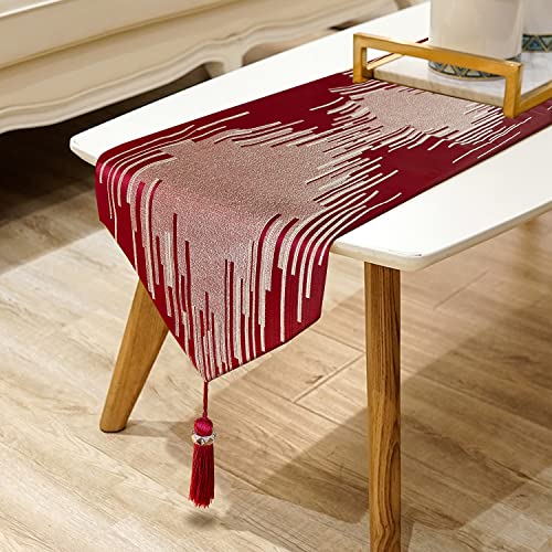 Red Faux Silk Table Runner 13x120 Inches with Tassels - Modern Geometric Design