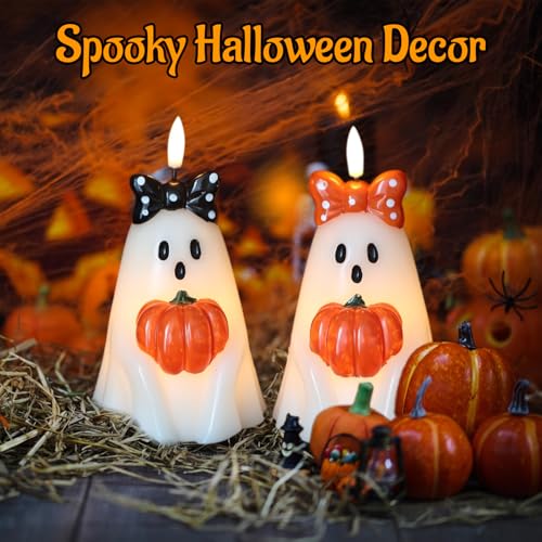 Halloween Ghost Flameless Candles with 6H Timer Hand-Painted Bows - B-2 Ghost Bows