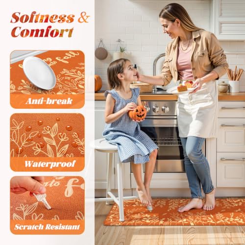 Fall Leaf Kitchen Mat with Pumpkin Design Anti-Fatigue Cushioned Rug 17.3x47+17.3x29 - Orange/Leaf