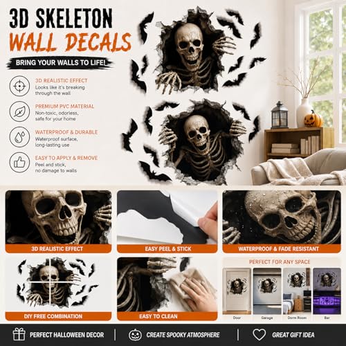 Halloween Skeleton Wall Stickers 3D Spooky Decals for Haunted House & Party Decor