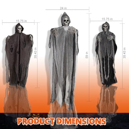 Hanging Skeleton Ghost Decorations Set with Adjustable Arms - Hat Variation