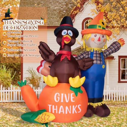 6 Ft Outdoor Thanksgiving Inflatable Turkey and Scarecrow Decor