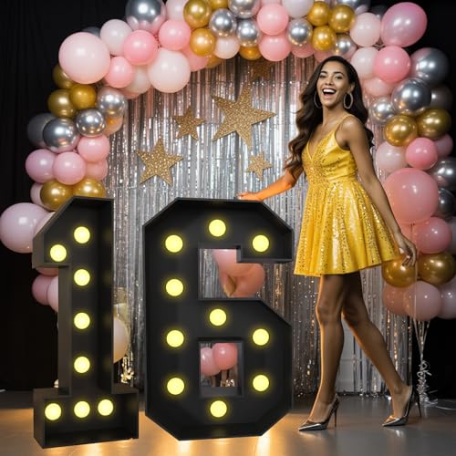 Light Up 16 Black Number 16 - 4FT Foam Marquee for Birthday & Party Decor