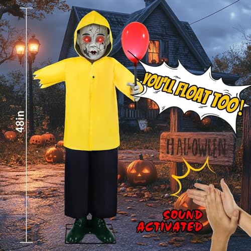 Halloween Animatronic 4FT Life Size Scary Zombie Boy Prop with Sound & Lights - Outdoor Decor
