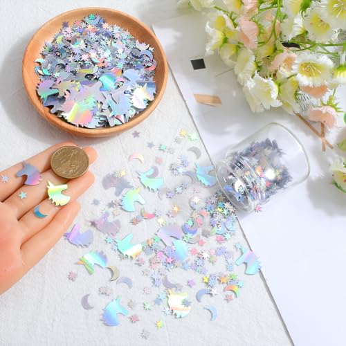 Star Moon Unicorn Confetti Glitter Set for Party Decorations - Silver Iridescent Foil, 60-70g