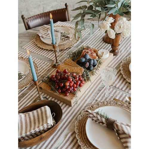Linen Table Runner 14x60 Inch - Brown & Cream Striped, Handcrafted European Flax