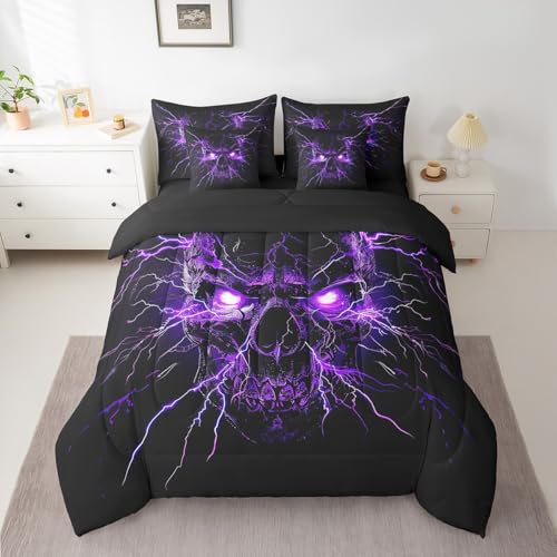 Black Purple Gothic Bed in a Bag Queen Comforter Set 7 Piece Halloween Skeleton Bedding
