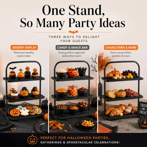 Black 3-Tier Halloween Cupcake Stand for 50 Cupcakes Wooden Dessert Display