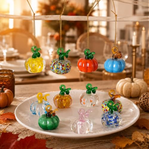 12pcs Fall Tree Ornaments - Hand-Blown Glass Pumpkins for Halloween & Thanksgiving - Pumpkin Hanging Decor