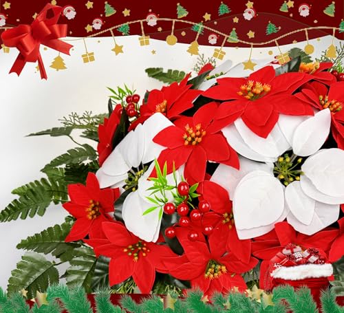 Artificial Christmas Cemetery Flowers Set - Headstone Saddle & Poinsettia Bouquets for Graves