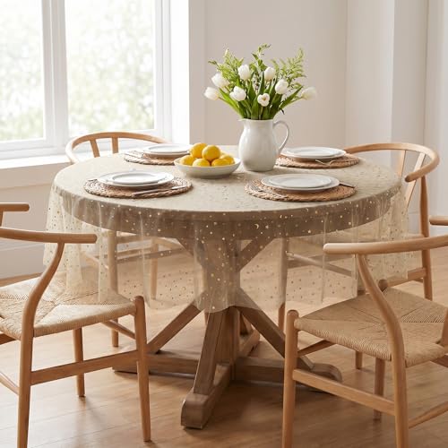 Horaldaily 60-Inch Round Beige Gold Gauze Star Moon Tablecloth - Durable Polyester