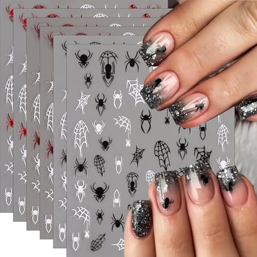 Spider Web Halloween Nail Stickers - Self-Adhesive 3D Nail Art Decals for Women & Girls - Black White Red Variation