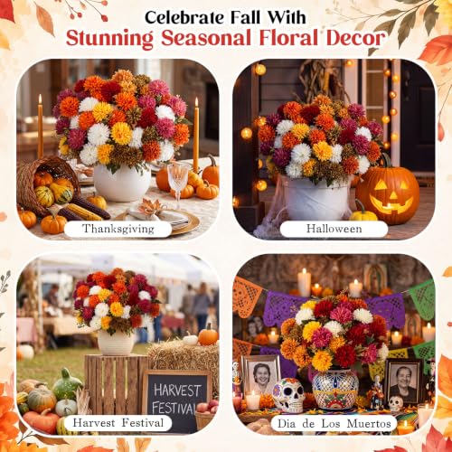 Artificial Fall Flower Bouquet Set - Multicolor Pompom Chrysanthemums, 24 Bunches with Bendable Stems