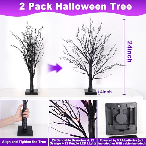 Set B Halloween 24-Inch Black Trees with Orange & Purple LED Lights - Indoor Decor