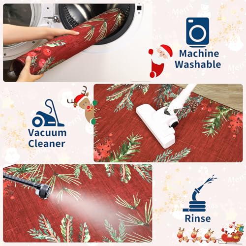 Christmas Entryway Rug 2x10 Botanical Leaf Runner Non-Slip Floor Mat - Pinecone-Red Variation