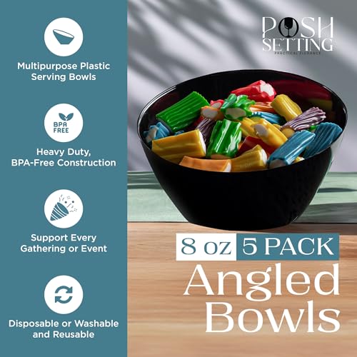 Black 8oz Angled Plastic Serving Bowls Set of 5 for Parties & Events - Small