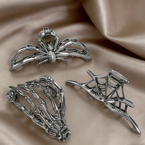 Gothic Hair Claw Clips Set - Spider Skeleton, Cobweb & Bone Hand Design
