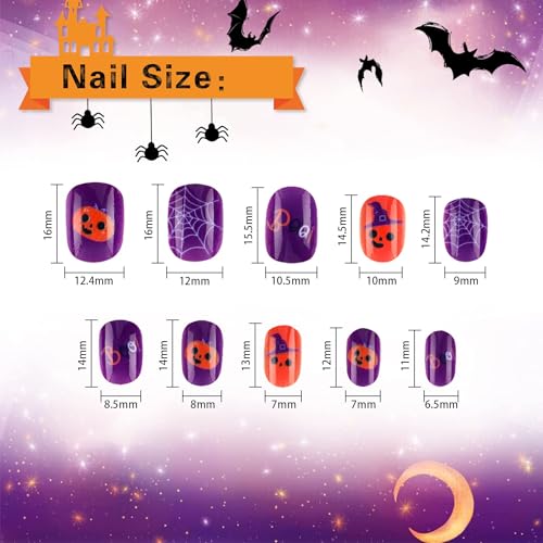 Halloween Kids False Nails Short Press-On Set - Bat Pumpkin Skull Web Theme