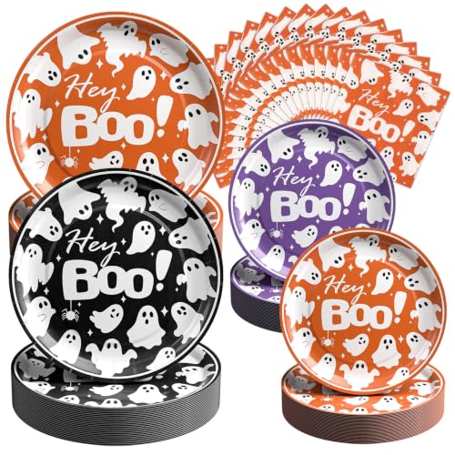 Halloween Heavy-Duty Paper Plates and Napkins Set - Black Orange Purple, Round, 9 Inch & 7 Inch, Spooky Gothic Party Supplies with Variation