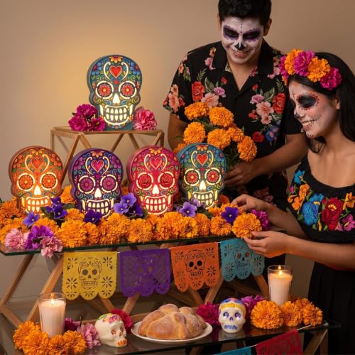 Day of The Dead Skeleton Table Decor - Lighted Sugar Skull Set of 5 - Halloween & Party Accent