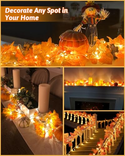 2 Pack Fall Maple Leaf Garland with Lights - 8 Lighting Modes Waterproof Battery Operated Decor