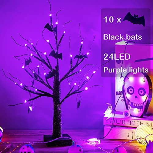 2 Pack Lighted Halloween Bonsai Tree with Purple LED Lights & Bat Ornaments - 18 Inch Spooky Decor