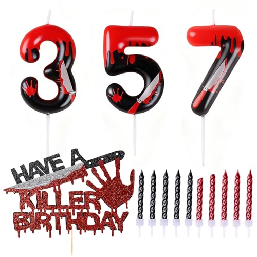 Halloween Killer Number Candles & Glitter Cake Topper Set - Red & Black Variation 35 or 37