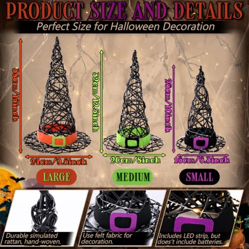 Lighted Halloween Rattan Witch Hat Table Decor Set with Belt - 3 Sizes