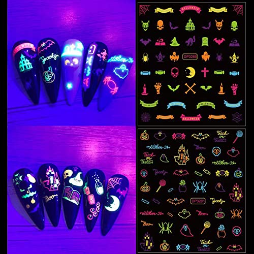 Halloween Neon Glow Nail Stickers 16 Sheets Fluorescent Nail Art Decals for Kids & Women - Dark
